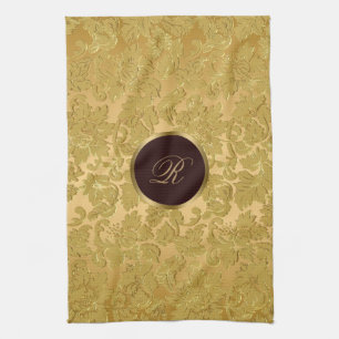 Linge De Cuisine Monogramme Monochromatique Or Damas Florales