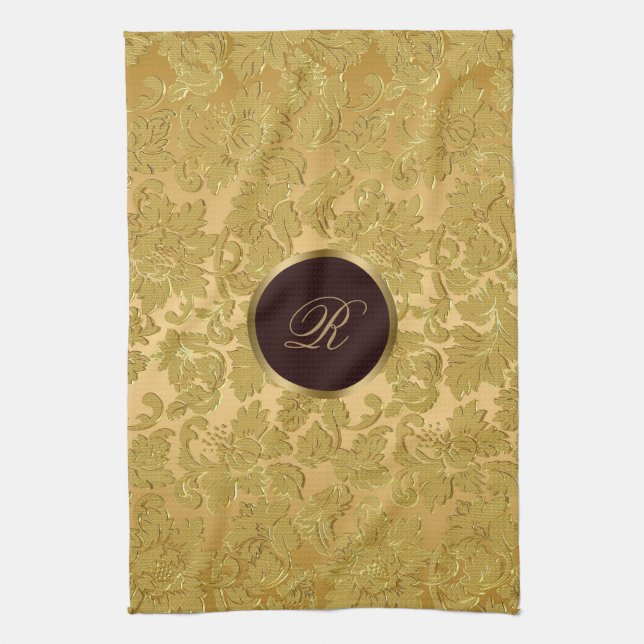 Linge De Cuisine Monogramme Monochromatique Or Damas Florales (Vertical)