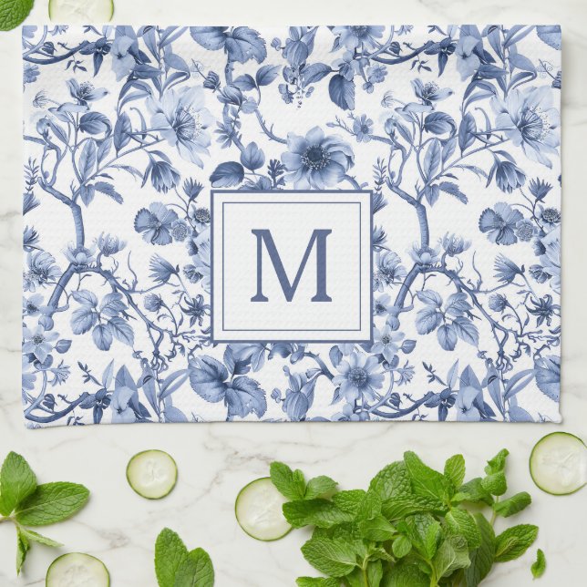 Linge De Cuisine Monogramme Motif bleu Chinoiserie Toile (Plié)