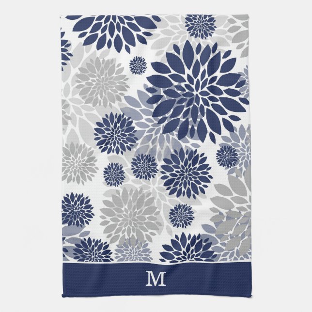 Linge De Cuisine Monogramme Motif de fleurs gris bleu marine (Vertical)