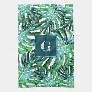 Linge De Cuisine Monogramme Motif de verdure tropicale Feuille de M