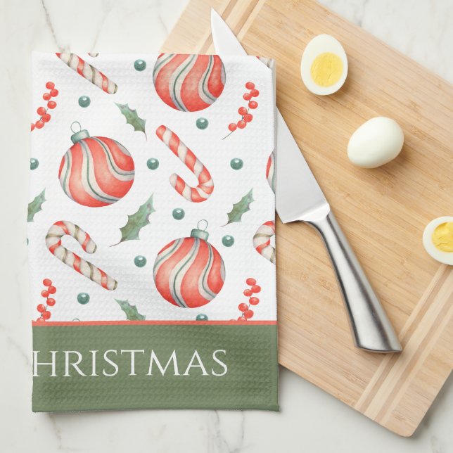 Linge De Cuisine Monogramme Motif des ampoules de Noël rouges et ve (Quart Plié)