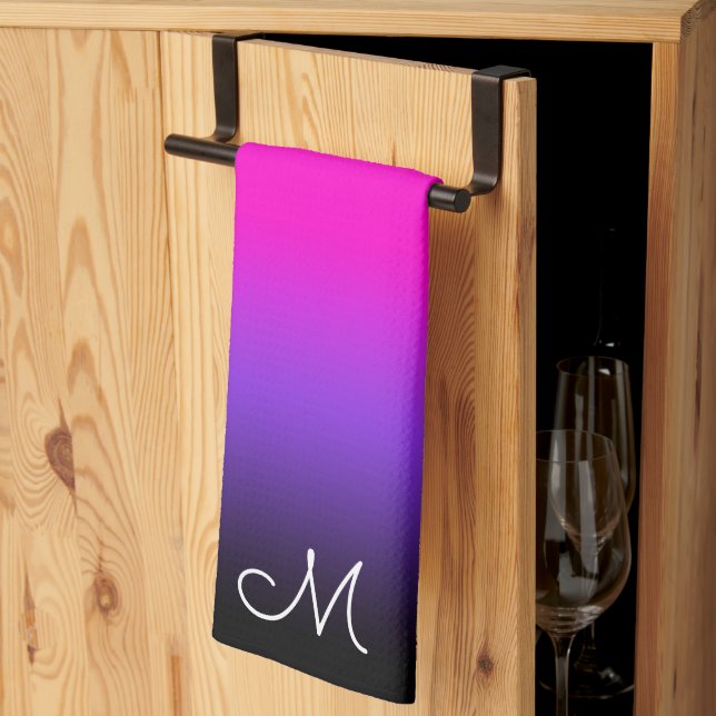Linge De Cuisine Monogramme noir violet et néon rose ombre (Pliage en tiers)
