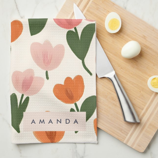 Linge De Cuisine Monogramme Personnalisé Cute Spring Tulip Motif (Quart Plié)