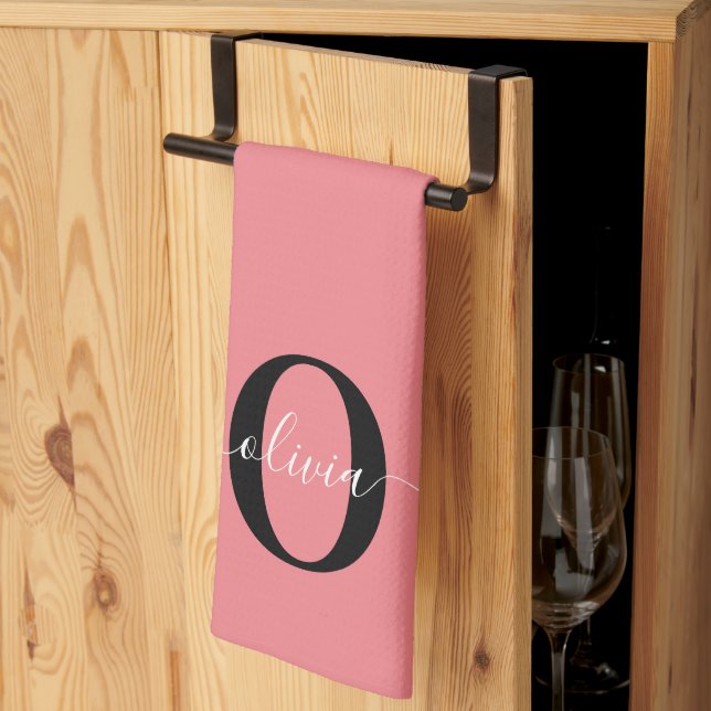 Linge De Cuisine Monogramme personnalisé Nom de script noir blanc r (Pliage en tiers)