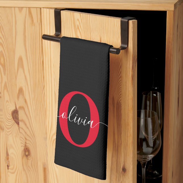 Linge De Cuisine Monogramme personnalisé Nom du script Noir Blanc R (Pliage en tiers)