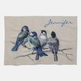 Linge De Cuisine Monogramme personnalisé Nom Oiseaux gris bleu Vin