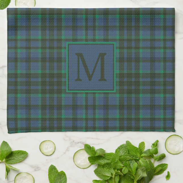 Linge De Cuisine Monogramme préppy vert et bleu plaid (Plié)