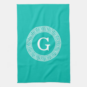 Linge De Cuisine Monogramme principal grec blanc turquoise