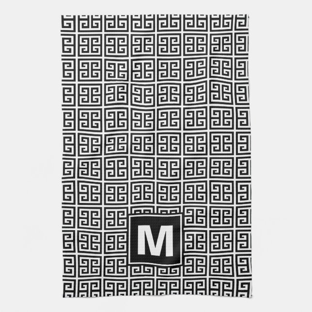 Linge De Cuisine Monogramme principal grec noir et blanc moderne (Vertical)