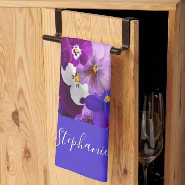Linge De Cuisine Monogramme Purple Bleu Blanc Floral Pansy Fleurs (Pliage en tiers)