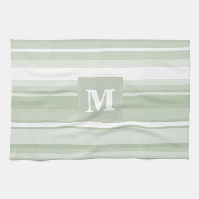 Linge De Cuisine Monogramme rayures vert pâle (Horizontal)