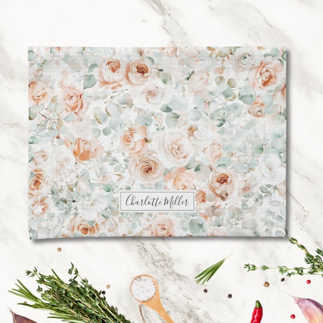 Linge De Cuisine Monogramme Rose Eucalyptus Feuille Verdure Floral (In situ)