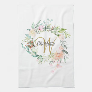 Linge De Cuisine Monogramme Rose Floral Gold Script