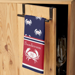 Linge De Cuisine Monogramme Rouge Marine Bleu Crabe Blanc Nautique 