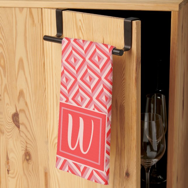 Linge De Cuisine Monogramme rouge Motif diamant à trois tons (Pliage en tiers)