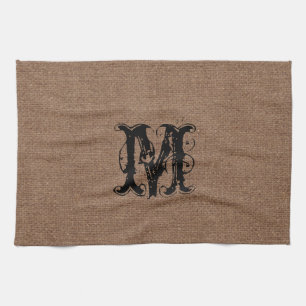 Linge De Cuisine Monogramme rustique de noir de toile de jute -