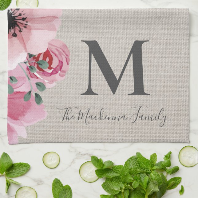 Linge De Cuisine Monogramme rustique Nom de famille personnalisé Fe (Plié)