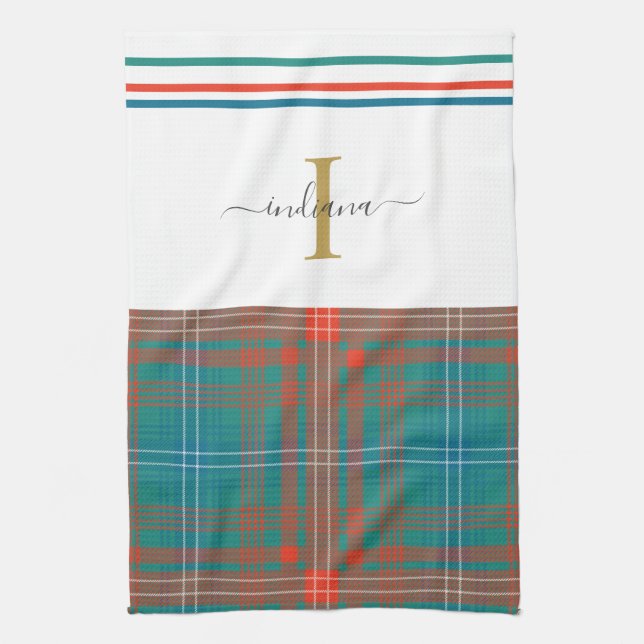 Linge De Cuisine Monogramme Script initial Plaid Russe Holiday (Vertical)