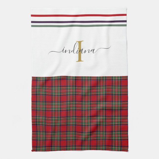 Linge De Cuisine Monogramme Script Plaid Tartan Stewart Rustique (Vertical)