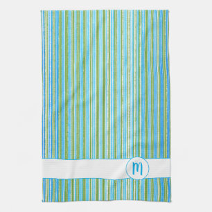Linge De Cuisine Monogramme Turquoise, bleu, vert et blanc