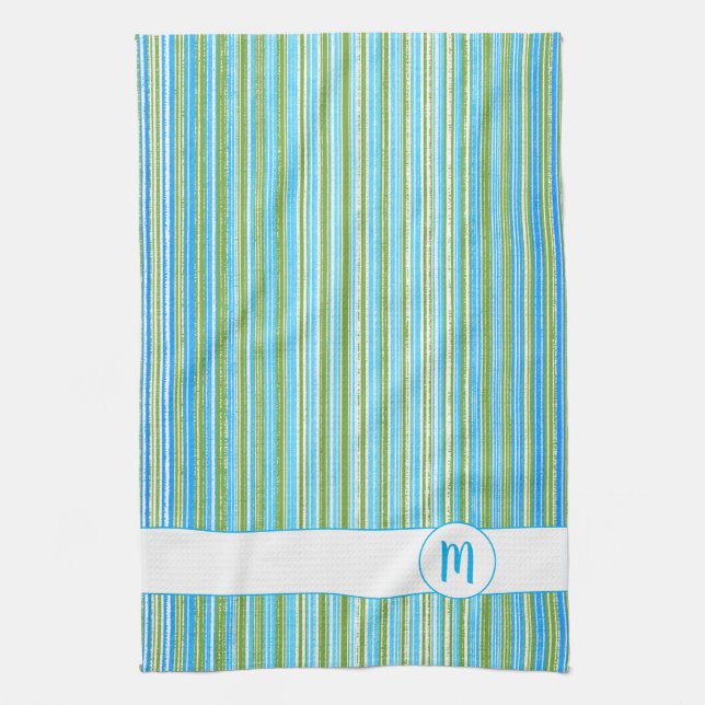 Linge De Cuisine Monogramme Turquoise, bleu, vert et blanc (Vertical)