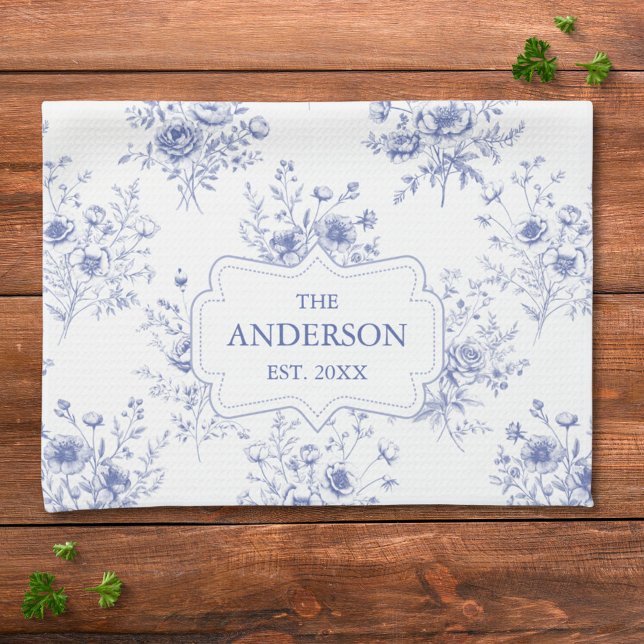 Linge De Cuisine Monogrammed Classic Blue Flowers Floral Pattern (In situ)