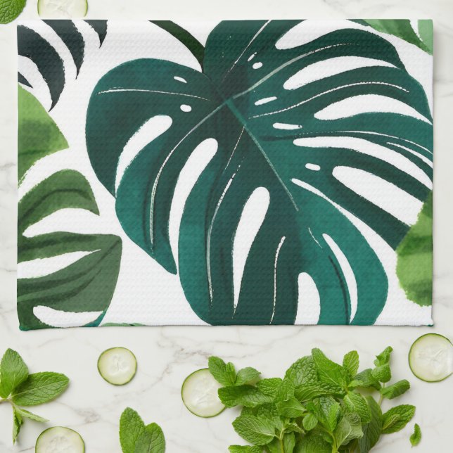 Linge De Cuisine Monstera Feuille Aquarelle Botanique Tropical (Plié)