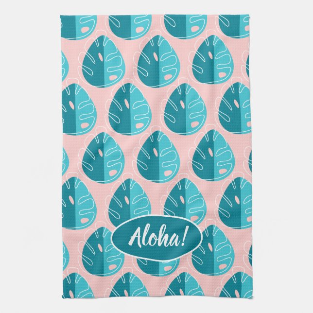Linge De Cuisine Monstera Leaves - Blue and Pink (Vertical)