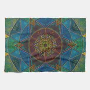 Linge De Cuisine Mosaic Kaleidoscope Fleur Jaune Bleu et Vert