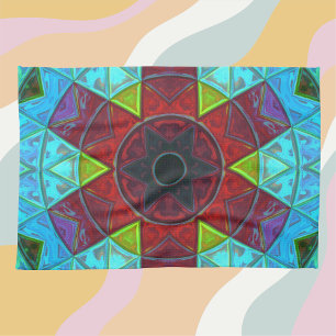 Linge De Cuisine Mosaic Kaleidoscope Fleur Rouge Bleu et Vert