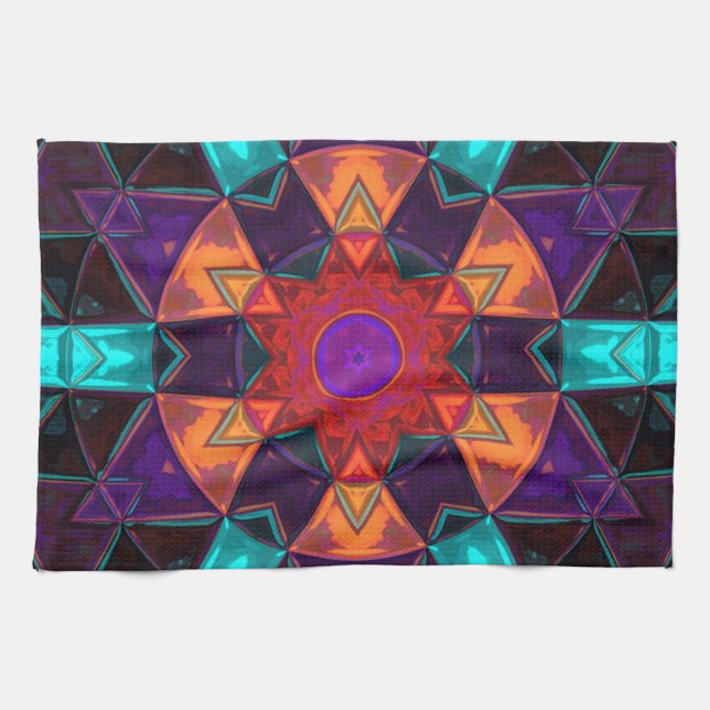 Linge De Cuisine Mosaic Kaleidoscope Fleur Rouge Orange et Bleu (Horizontal)