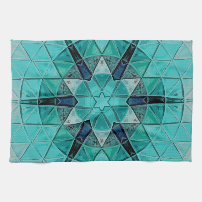 Linge De Cuisine Mosaic Mandala Flower bleu et blanc (Horizontal)