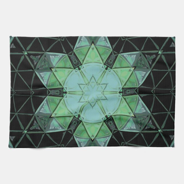 Linge De Cuisine Mosaic Mandala Flower bleu vert et noir (Horizontal)