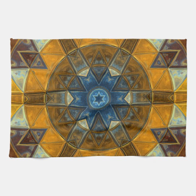 Linge De Cuisine Mosaic Mandala Flower Jaune et Bleu (Horizontal)