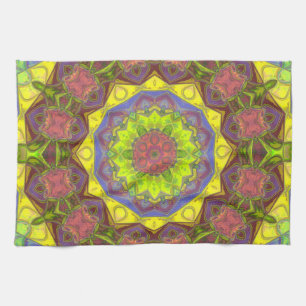 Linge De Cuisine Mosaic Mandala Flower rose jaune et vert