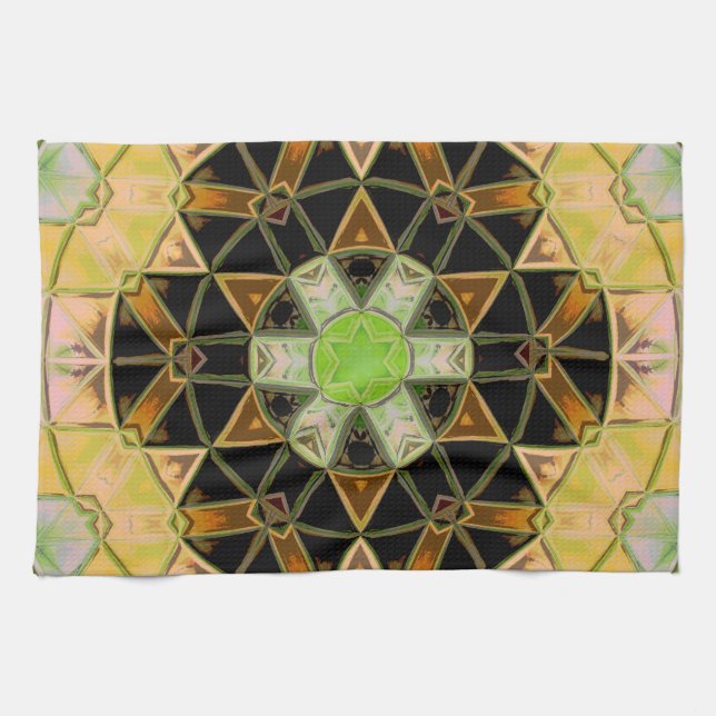Linge De Cuisine Mosaic Mandala Flower vert jaune et noir (Horizontal)