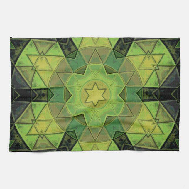 Linge De Cuisine Mosaic Mandala Flower vert jaune et noir (Horizontal)