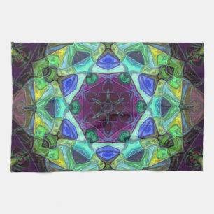 Linge De Cuisine Mosaic Mandala Flower violet bleu et vert