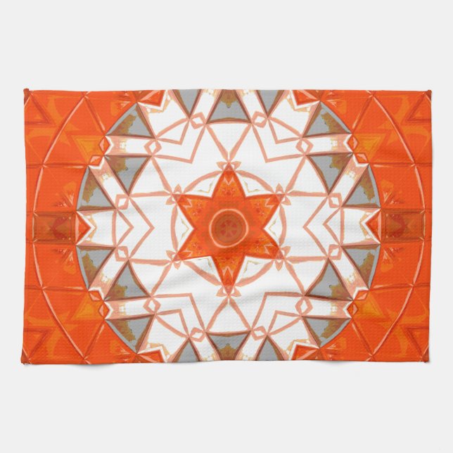 Linge De Cuisine Mosaic Mandala Orange et Blanc (Horizontal)