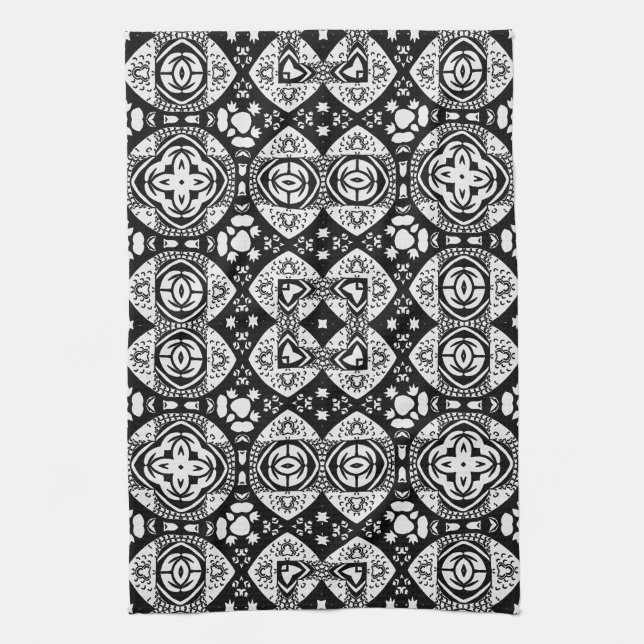 Linge De Cuisine Mosaïque arabesque Motif Carrelage noir et blanc (Vertical)