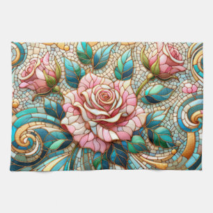 Linge De Cuisine Mosaïque de roses roses en verre teinté