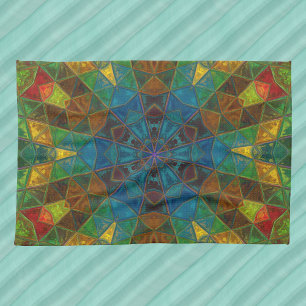 Linge De Cuisine Mosaïque Kaleidoscope Fleur vert bleu et jaune