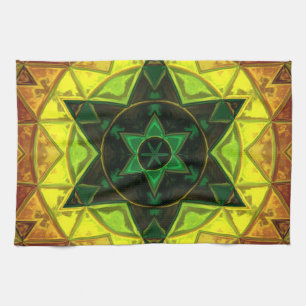 Linge De Cuisine Mosaïque Kaleidoscope Fleur vert et jaune