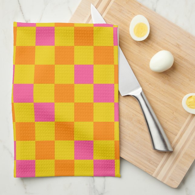 Linge De Cuisine Motif à carreaux orange jaune rose  (Quart Plié)