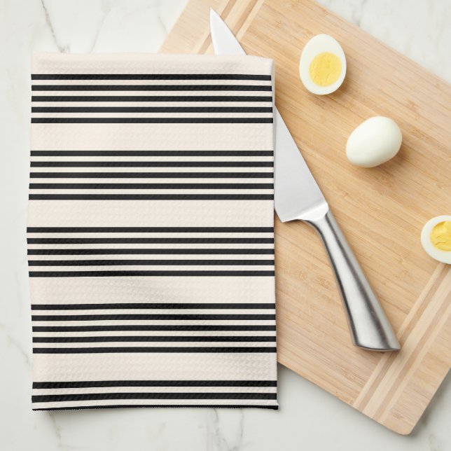 Linge De Cuisine Motif à cinq bandes noir et beige (Quart Plié)