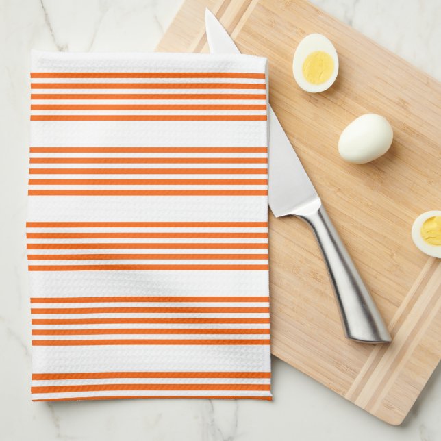 Linge De Cuisine Motif à cinq bandes orange et blanc (Quart Plié)