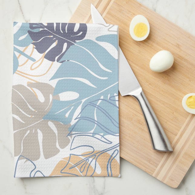 Linge De Cuisine Motif à feuilles bleu et jaune tropique (Quart Plié)