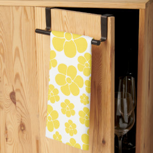 Linge De Cuisine Motif à fleurs - Citron jaune et blanc
