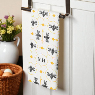 Linge De Cuisine Motif abeille jaune moderne Monogramme élégant noi